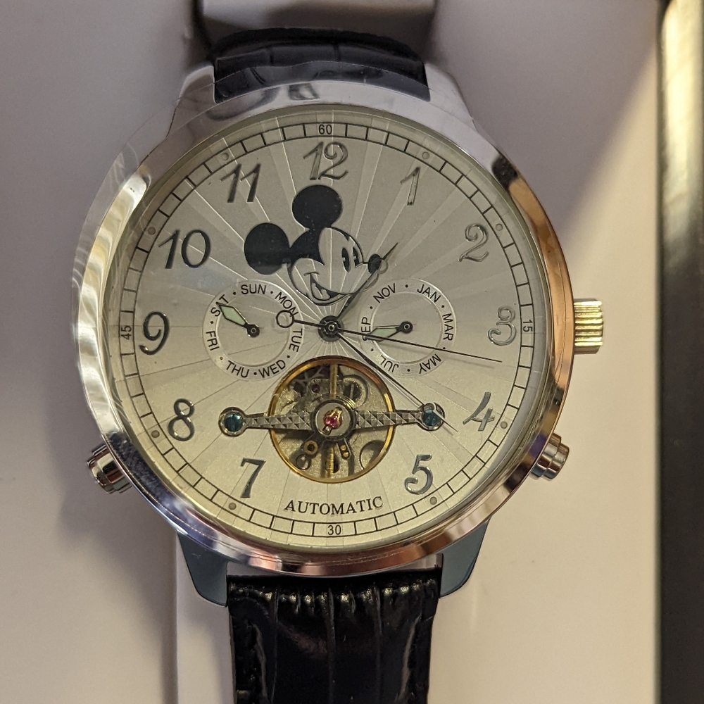 DISNEY SKELETON ELGIN MICKEY MOUSE WATCH - 35 JEWELS AUTOMATIC WIND DAY &AMP MIB